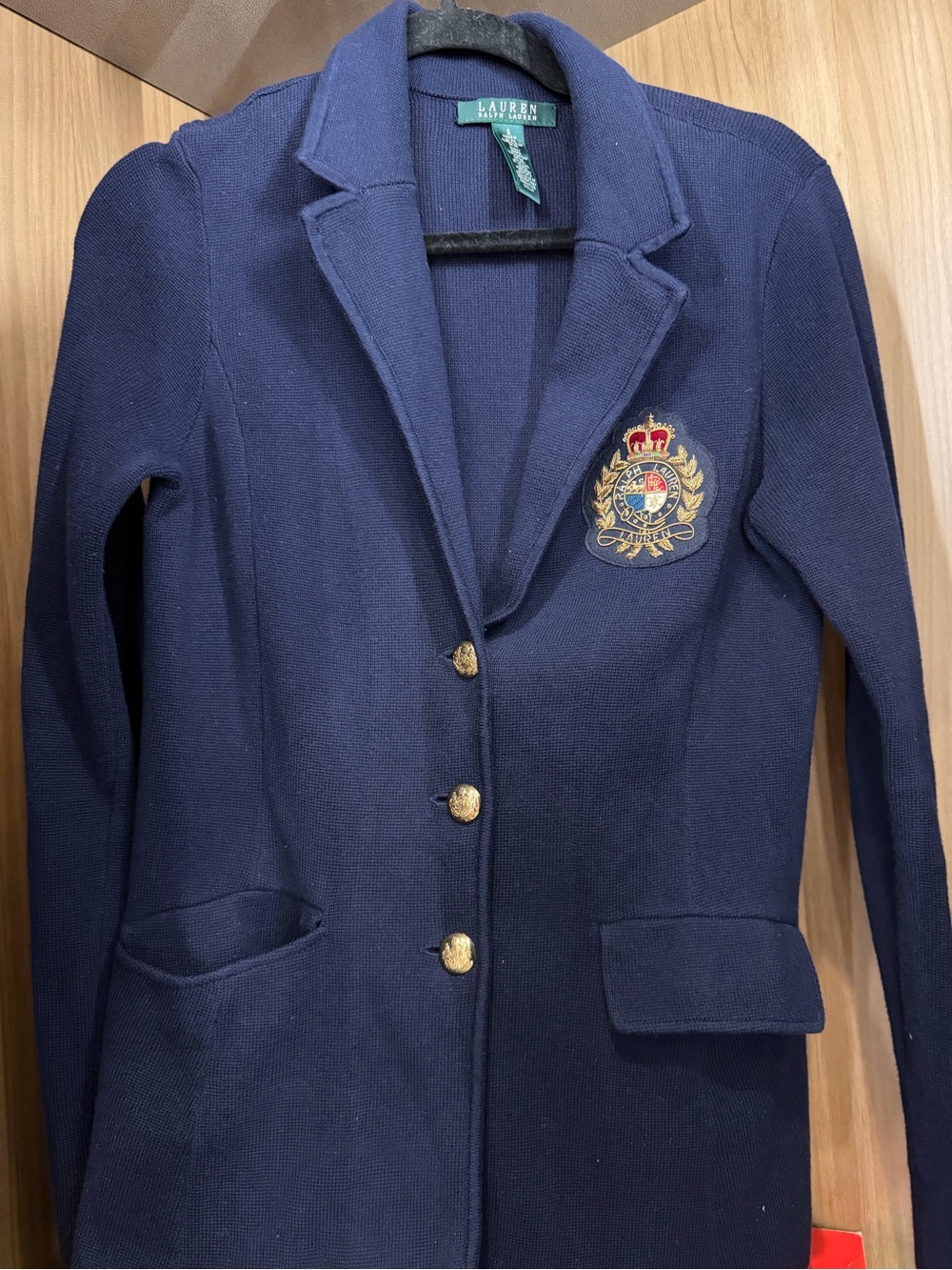 Ralph Lauren Navy Knit Blazer with Embroidered Crest